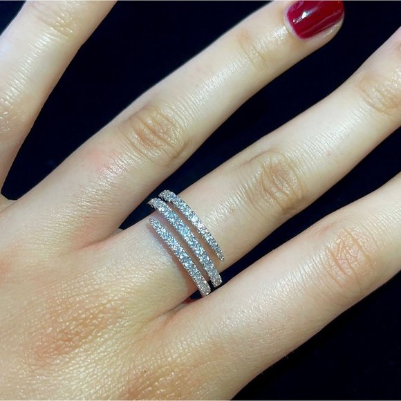 Silver Pave Diamond CZ Spiral Ring, Cubic Zirconia Statement Adjustable Ring - Picture 3 of 5